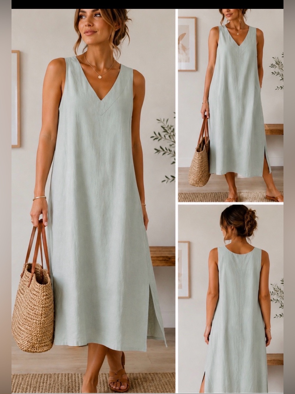 DKNY NWT Sleeveless Linen Blend Shift Dress  sage Midi Side Slit sm-xl-xxl